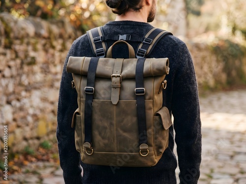 Backpacker Carrying a Rugged Brown Rolltop Backpack Along a Sunlit Woodland Trail Detailed Rear View with Adjustable Straps and Outdoor Gear for Hiking and Travel