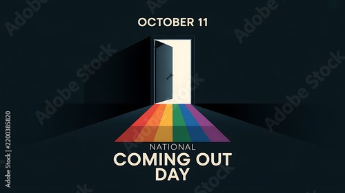 National coming out day rainbow path through an open door
