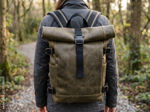 Backpack on Hiker Walking Along a Forest Trail with Rolltop Closure and Adjustable Straps Outdoor Travel Gear Photographed from Behind for Hiking Trekking and Nature Adventure Use