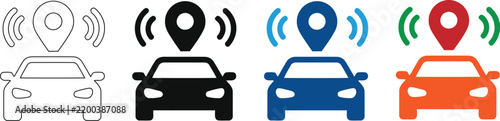 Smart car tracking icons with GPS pin and signal waves, connected vehicle navigation symbols, 4 vector asset set for automotive telematics on transparent background