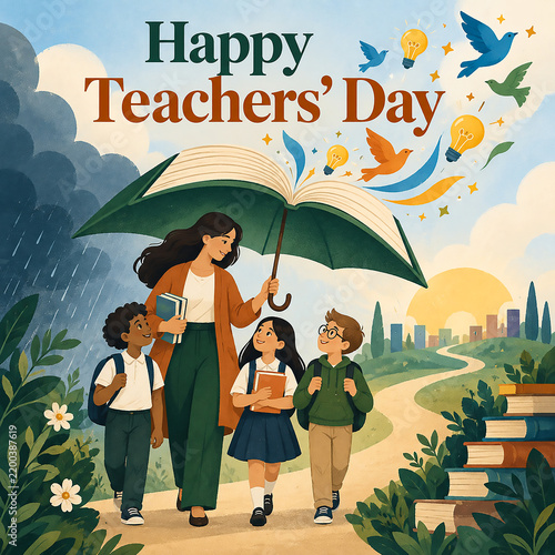Happy Teachers Day Teacher and Students Walking in Rain Greeting Card