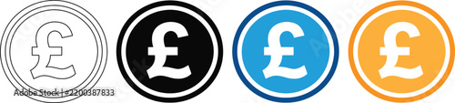 British pound sterling currency icons, set of 4 pound coin vector symbols, flat financial money signs in blue orange black and outline styleson transparent background