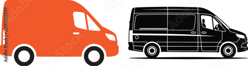 Orange and black delivery vans side view icons Vector