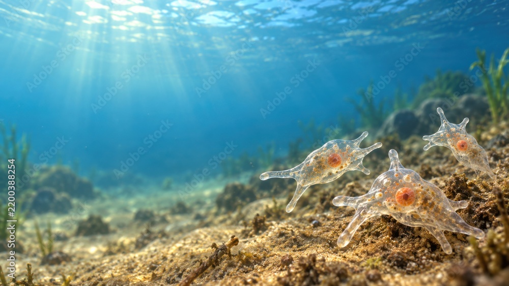 Fototapeta premium Microscopic amoeba organism on underwater seabed with sunlit ocean background