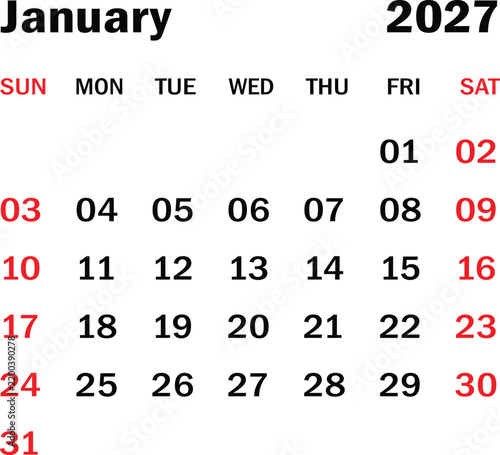 January 2027 Calendar Template with Sunday Start and Red Weekend Dates