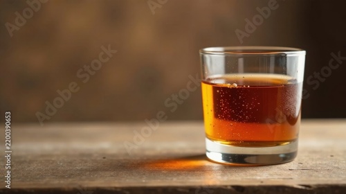 A single glass of amber liquid rests on a rustic wooden surface, bathed in soft light, suggesting warmth and relaxation.