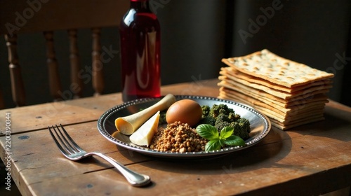 A Simple Meal  Egg, Cheese, Grains, and Greens Served on a Rustic Table with Flatbreads and a Bottle of Drink