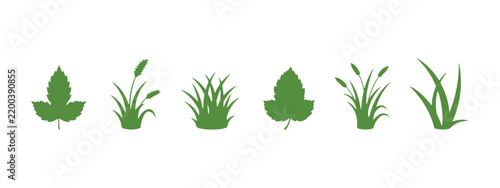Cartoon green silhouette grass leaves collection vector illustration isolated on white