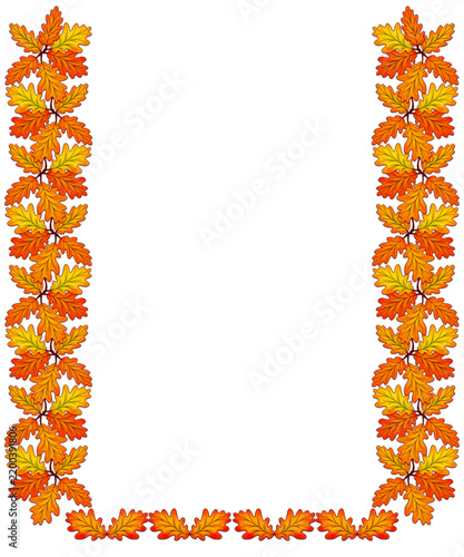 Isolated decorative autumn frame. Decorative frame made of autumn oak leaves on a white background. Isolated vector frame.