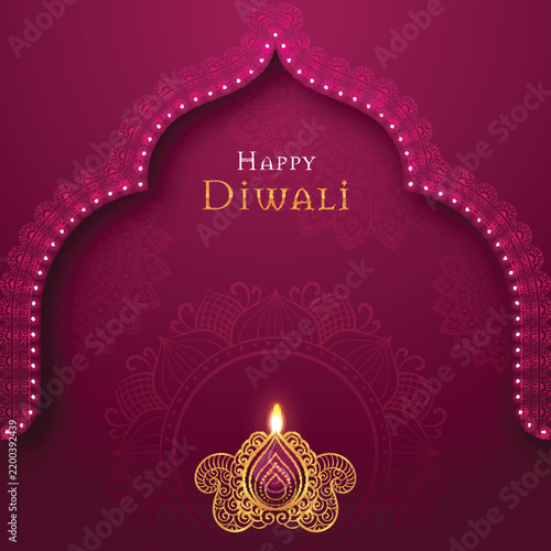 Elegant Happy Diwali vector background featuring a magenta illuminated arch frame, decorative golden oil diya lamp, and intricate mandala art. Perfect for Indian festival greeting cards.