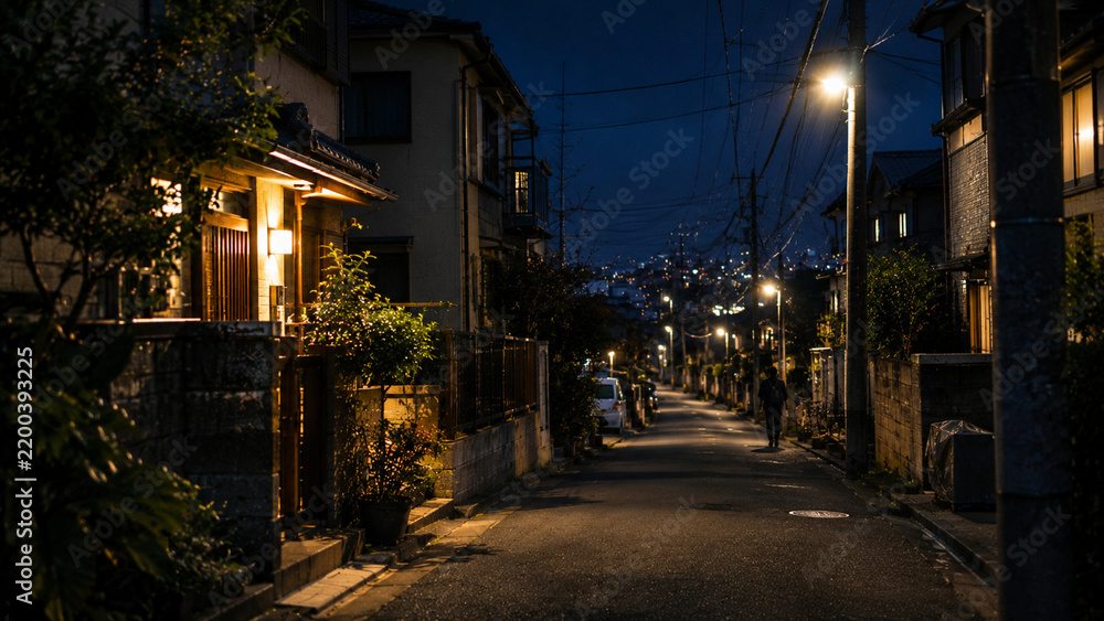 Fototapeta premium Quiet Japanese Residential Street at Night with Warm House Lights and City Views