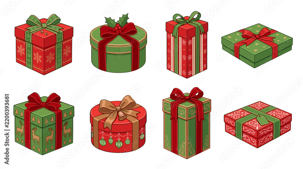 Obraz premium Collection of christmas gift boxes with festive wrapping and ribbons