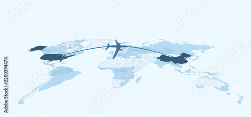 Global Business Travel Concept, Flight Route USA to China on World Map.