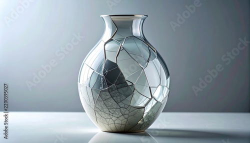 Modern silver vase with unique cracked and repaired design on a white surface