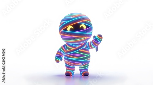 Neon mummy character 3D illustration, cute glowing spooky monster waving, isolated on white background
