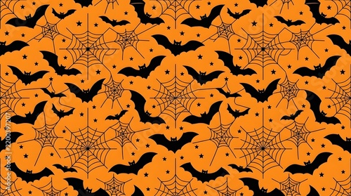 Halloween vector background seamless pattern with bats and spider webs