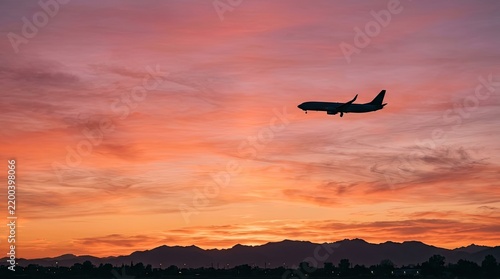 An airplane flies across a vibrant sunset sky. The aircraft is silhouetted against the colorful sky, with mountains visible in the distance.
