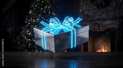 Neon Christmas gift box 3D render floating on a wooden table with Christmas tree and fireplace background