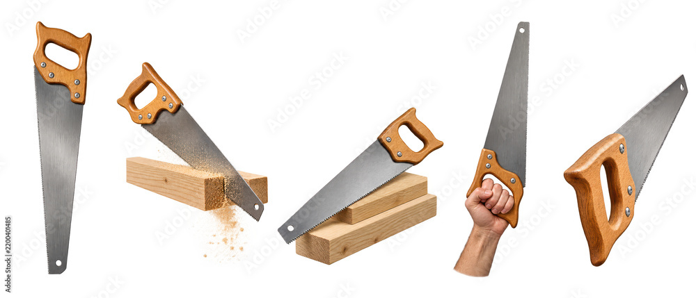 Obraz premium Set of hand saw with wooden handle cutting wood on transparent