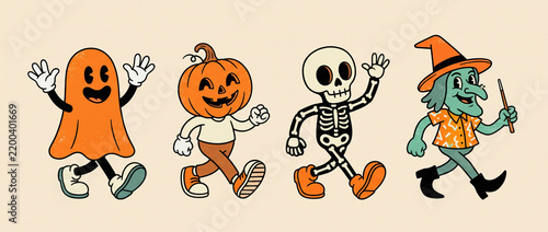 Retro Halloween parade with cute ghost, pumpkin-headed child, skeleton and witch marching together across a pale beige background, Halloween characters, vintage cartoon, spooky season