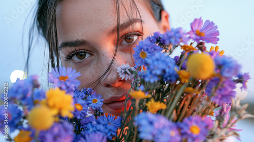 Young woman with brown eyes holding a bouquet of colorful wildflowers outdoors.