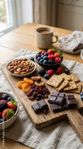 A delightful spread of healthy snacks featuring fresh berries, assorted nuts, dried fruits, chocolate squares and crackers