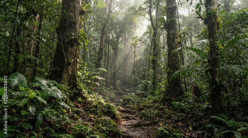 Obraz premium Lush Tropical Rainforest in Southeast Asia with Morning Sunlight. 