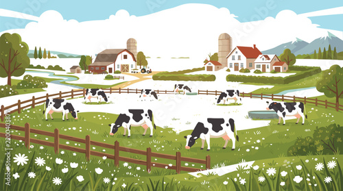 Dairy Farm Landscape Vector Illustration with Spotted Milk Cows Grazing on Green Pasture Fenced Meadow Countryside Barn Houses Silo and Mountain Background