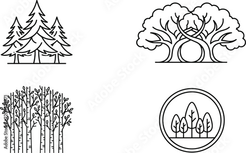 Forest Tree Logo Icon Vector Set Featuring Linear Pines Intertwined Oaks Aspen Birch Groves and Circular Eco Branding Graphic Symbols