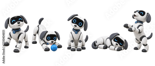Set of white robot dog toy in playful poses on transparent