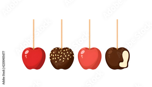 Collection of caramel-coated apples set against a clean white backdrop. Contemporary vector artwork