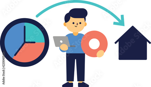 Time management and schedule organization concept with clock laptop and house symbols work schedule clock face home life laptop device time tracker schedule planning managing tim