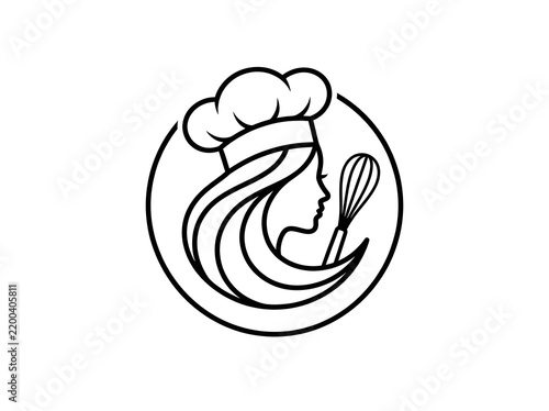 Minimalist black and white logo design of female chef holding whisk in circular frame.
