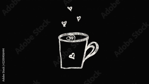 Hand-drawn cappuccino cup with flying hearts, cute romantic coffee illustration on a dark background, cozy love and coffee concept.