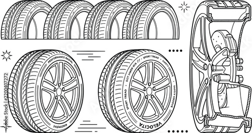Automotive Car Tire and Wheel Rim Line Art Vector Set Featuring Diverse Tread Patterns Brake Disc Cross Section and Garage Repair Shop Icons