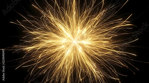 Close-up of a golden sparkler emitting radiant golden threads in dark background with copy space
