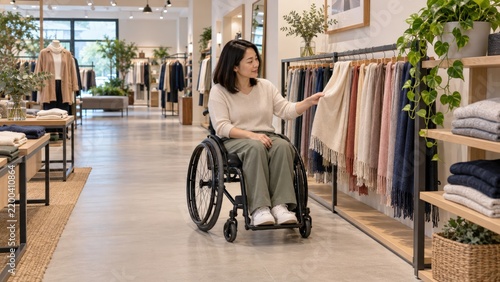 A woman using a manual wheelchair selects a scarf from a low rail beside a clear turning area in a clothing shop designed for sensory friendly shopping