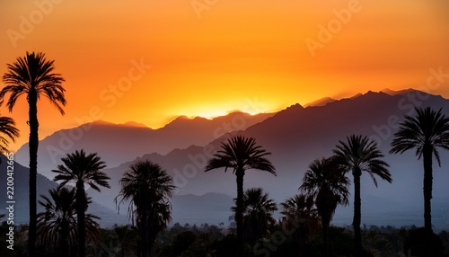 Silhouetted Palm Trees Against Layered Mountains Under A Vibrant Sunset Sky
