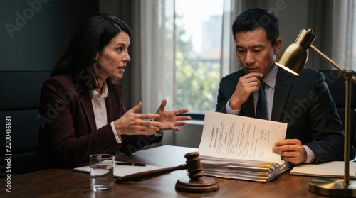 A woman and a man are intensely discussing a legal document at a modern office desk. The woman, dressed in a professional burgundy suit, gestures emphatically while speaking.