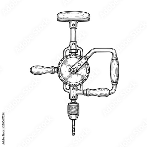 Canvastavla Antique hand drill manual tool illustration with wooden handles and gear mechanism perfect for woodworking craftsmanship and hardware store branding concepts