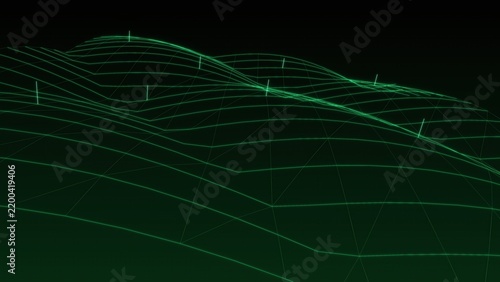 Abstract Glowing Green Digital Wireframe Landscape Showing Advanced Network Connectivity Technology Concept On Dark Background