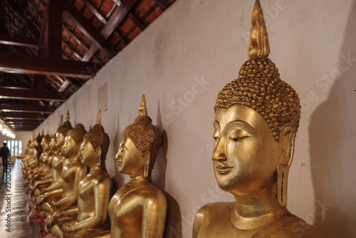 Fotografie Close-up perspective shot with shallow depth of field focusing on the serene face of a golden seated bronze Buddha statue in a long row along the white gallery cloister wall