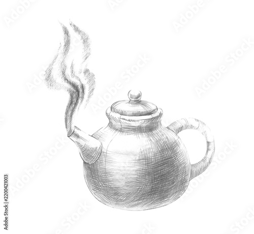 Hot teapot with steam hand drawn with graphite pencil on a isolated background