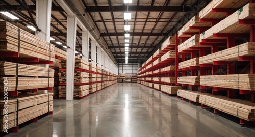 Lumber Warehouse Interior with Organized Wood Stacks and Industrial Shelving
