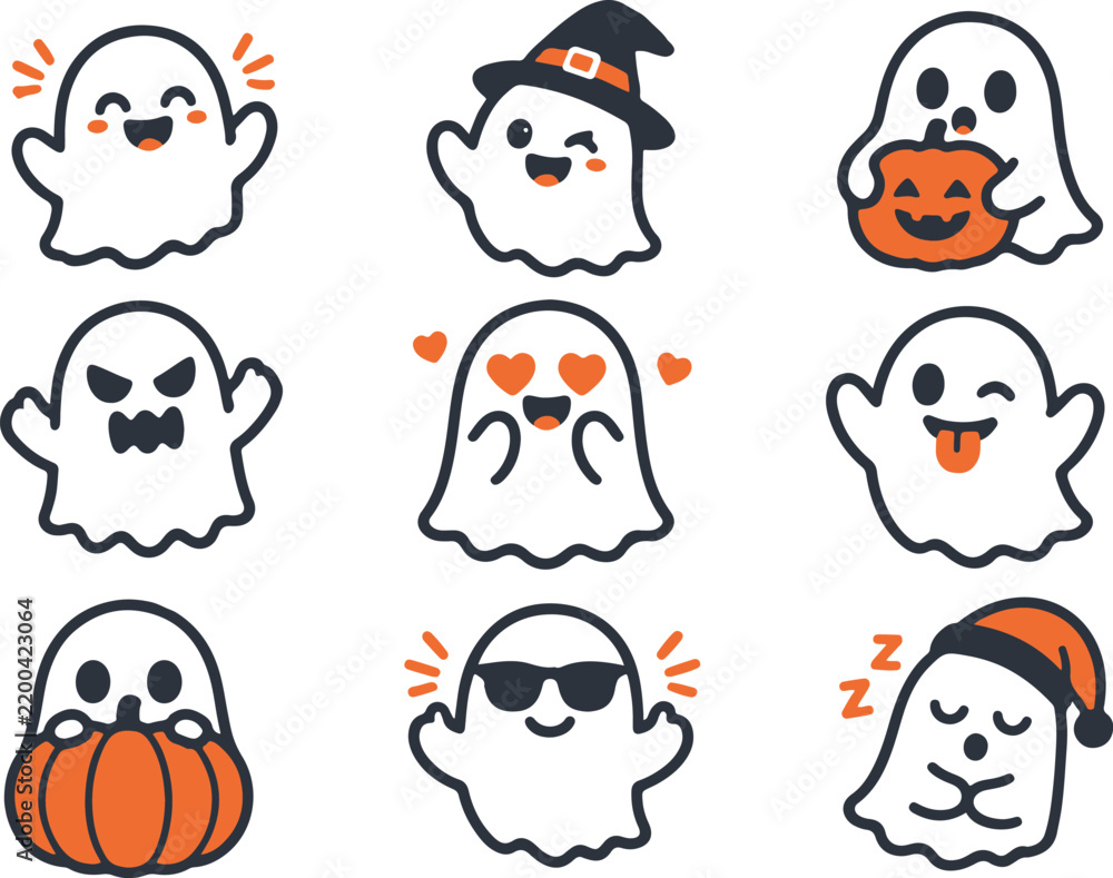 Obraz premium Cute Cartoon Ghost Character Collection With Halloween Pumpkin Icons