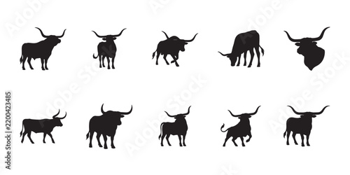 Western longhorn silhouettes. Graphic design elements featuring longhorn cattle for countryside ranch and dairy farm concepts.