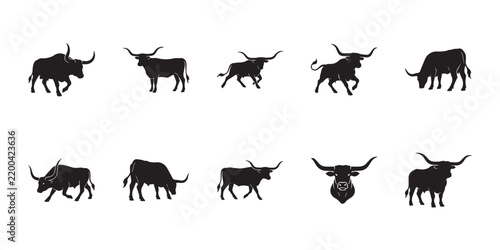 Longhorn cow and bull shapes. Isolated black silhouettes of texas longhorn cattle in various poses for beef farm graphic projects.