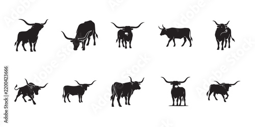 Texas longhorn vector pack. Collection of longhorn cattle silhouettes with distinctive horns for agriculture and livestock themes.