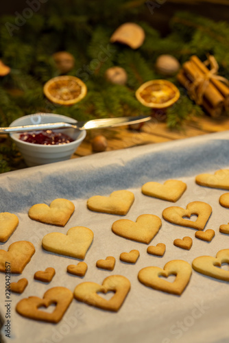 Christmas linzer cookies on the baking tray