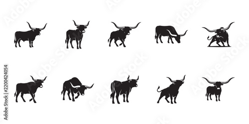 Texas longhorn vector pack. Collection of longhorn cattle silhouettes in different poses for ranch and western countryside design.
